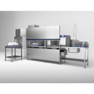 Professional kitchen with stainless steel industrial Hobart CN-A PROFI Rack Conveyor warewashing dishwasher, sink, and clean dishes on a drying rack, maintaining an efficient and hygienic environment for food preparation.