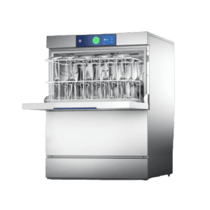 A Hobart GXCROI-90B PROFI Glasswasher with Integrated RO glassware dishwasher with clean glasses on the rack, demonstrating readiness for a busy service in a restaurant or bar.