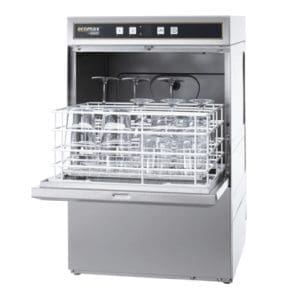 A Hobart Ecomax 404 Glasswasher with an open door and empty racks, designed for high-capacity and efficient warewashing.