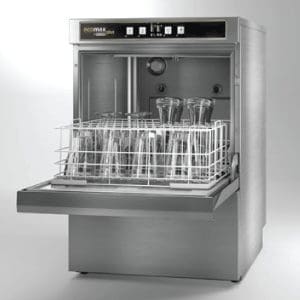 A Hobart Ecomax Plus G415 Glasswasher with a rack of glassware inside.