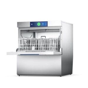 Hobart GXC-90B PROFI Glasswasher with open door and racks of clean dishes, isolated on a white background.