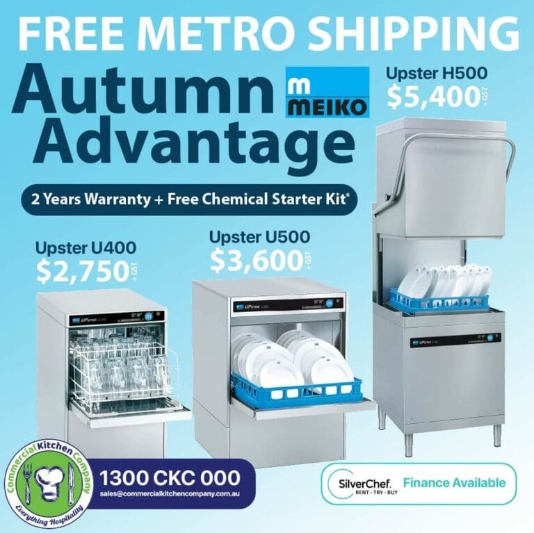 Advertisement showing different models of meiko dishwashers with prices; upster u400 ($2750), upster u500 ($3600), upster h500 ($4500). includes offers like 2 years warranty, free chemical starter kit, and free metro shipping.